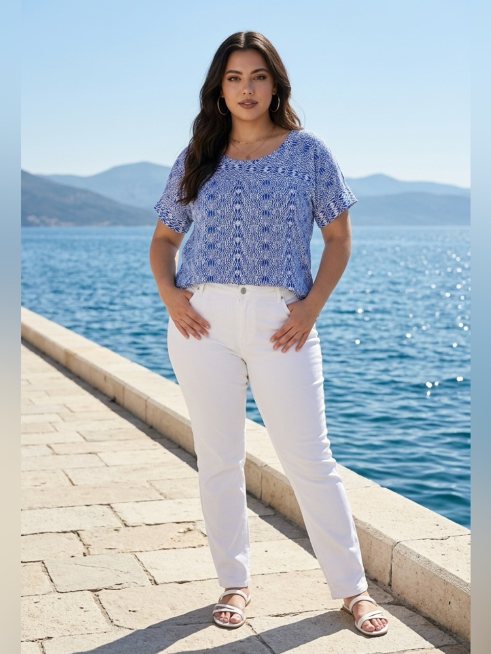 Old Navy Blue and White Geometric V-Neck Short Sleeve Top | XL